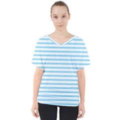 Oktoberfest Bavarian Blue And White Large Mattress Ticking Stripes V-neck Dolman Drape Top by PodArtist