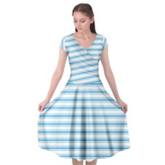 Oktoberfest Bavarian Blue and White Large Mattress Ticking Stripes Cap Sleeve Wrap Front Dress