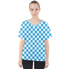 Oktoberfest Bavarian Large Blue And White Checkerboard V-neck Dolman Drape Top by PodArtist