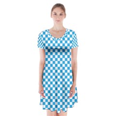 Oktoberfest Bavarian Blue And White Checkerboard Short Sleeve V-neck Flare Dress by PodArtist