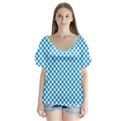 Oktoberfest Bavarian Blue And White Checkerboard V-neck Flutter Sleeve Top by PodArtist