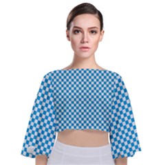 Oktoberfest Bavarian Blue And White Checkerboard Tie Back Butterfly Sleeve Chiffon Top by PodArtist