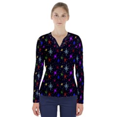 Colored Hand Draw Abstract Pattern V-neck Long Sleeve Top by dflcprints