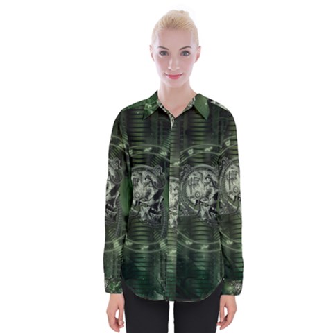 Awesome Creepy Mechanical Skull Womens Long Sleeve Shirt by FantasyWorld7