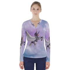 Cute Little Pegasus In The Sky, Cartoon V-neck Long Sleeve Top by FantasyWorld7