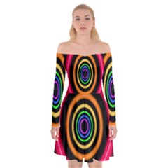 Neon Light Abstract Pattern Lines Off Shoulder Skater Dress