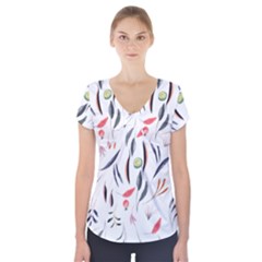 Watercolor Tablecloth Fabric Design Short Sleeve Front Detail Top