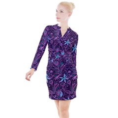 Stamping Pattern Leaves Drawing Button Long Sleeve Dress
