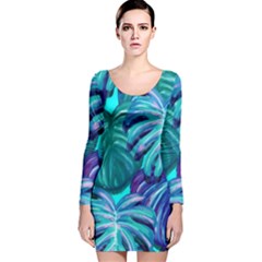 Leaves Tropical Palma Jungle Long Sleeve Velvet Bodycon Dress
