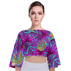 Tropical Greens Leaves Design Tie Back Butterfly Sleeve Chiffon Top by Sapixe