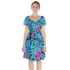 Leaves Picture Tropical Plant Short Sleeve Bardot Dress