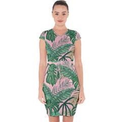 Tropical Greens Leaves Design Capsleeve Drawstring Dress 