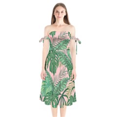 Tropical Greens Leaves Design Shoulder Tie Bardot Midi Dress
