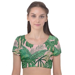 Tropical Greens Leaves Design Velvet Short Sleeve Crop Top 