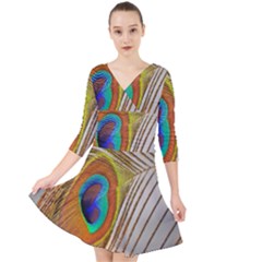 Peacock Feather Feather Bird Quarter Sleeve Front Wrap Dress