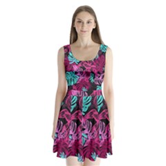 Leaves Drawing Reason Pattern Split Back Mini Dress 