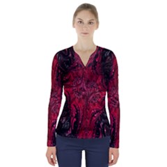 Wgt Fractal Red Black Pattern V-neck Long Sleeve Top by Sapixe