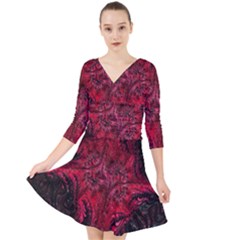 Wgt Fractal Red Black Pattern Quarter Sleeve Front Wrap Dress