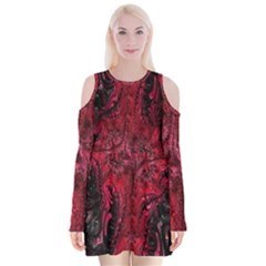 Wgt Fractal Red Black Pattern Velvet Long Sleeve Shoulder Cutout Dress