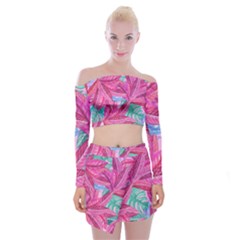 Leaves Tropical Reason Stamping Off Shoulder Top With Mini Skirt Set