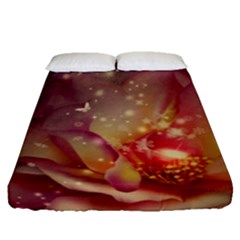 Wonderful Roses With Butterflies And Light Effects Fitted Sheet (queen Size) by FantasyWorld7