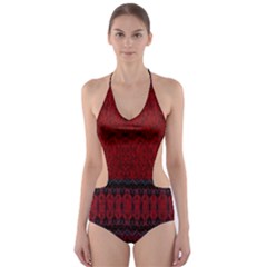 Crush Red Lace Two Pattern By Flipstylez Designs Cut-out One Piece Swimsuit by flipstylezfashionsLLC