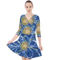 Blue Star Flower Quarter Sleeve Front Wrap Dress