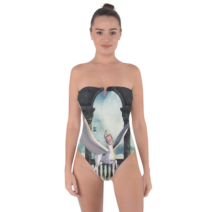 Cute Little Pegasus In The Sky, Cartoon Tie Back One Piece Swimsuit