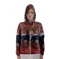 Awesome Black And White Wolf Hooded Windbreaker (women) by FantasyWorld7