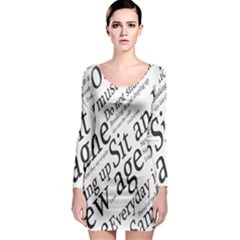 Abstract Minimalistic Text Typography Grayscale Focused Into Newspaper Long Sleeve Bodycon Dress