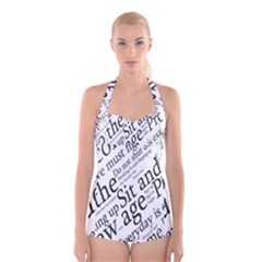 Abstract Minimalistic Text Typography Grayscale Focused Into Newspaper Boyleg Halter Swimsuit 