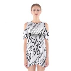 Abstract Minimalistic Text Typography Grayscale Focused Into Newspaper Shoulder Cutout One Piece Dress