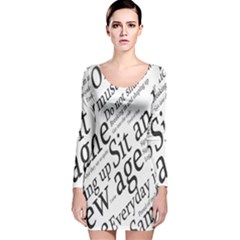 Abstract Minimalistic Text Typography Grayscale Focused Into Newspaper Long Sleeve Velvet Bodycon Dress