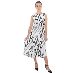 Abstract Minimalistic Text Typography Grayscale Focused Into Newspaper Midi Tie-Back Chiffon Dress