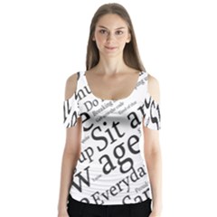 Abstract Minimalistic Text Typography Grayscale Focused Into Newspaper Butterfly Sleeve Cutout Tee 