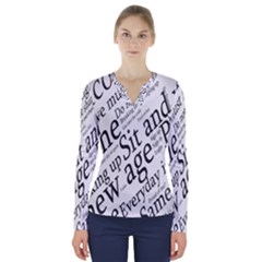 Abstract Minimalistic Text Typography Grayscale Focused Into Newspaper V-Neck Long Sleeve Top