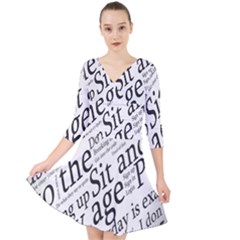 Abstract Minimalistic Text Typography Grayscale Focused Into Newspaper Quarter Sleeve Front Wrap Dress