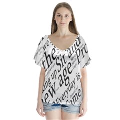 Abstract Minimalistic Text Typography Grayscale Focused Into Newspaper V-Neck Flutter Sleeve Top