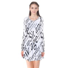 Abstract Minimalistic Text Typography Grayscale Focused Into Newspaper Long Sleeve V-neck Flare Dress