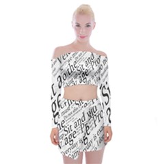 Abstract Minimalistic Text Typography Grayscale Focused Into Newspaper Off Shoulder Top with Mini Skirt Set