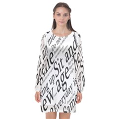 Abstract Minimalistic Text Typography Grayscale Focused Into Newspaper Long Sleeve Chiffon Shift Dress 
