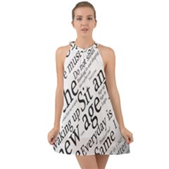Abstract Minimalistic Text Typography Grayscale Focused Into Newspaper Halter Tie Back Chiffon Dress