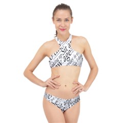 Abstract Minimalistic Text Typography Grayscale Focused Into Newspaper High Neck Bikini Set