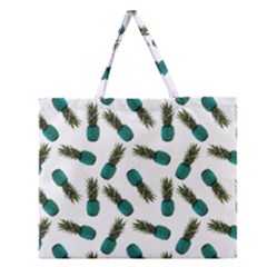 Pinapples Teal Zipper Large Tote Bag