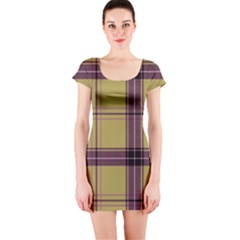 Beige Purple Plaid Short Sleeve Bodycon Dress