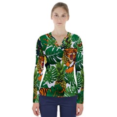 Tropical Pelican Tiger Jungle V-neck Long Sleeve Top