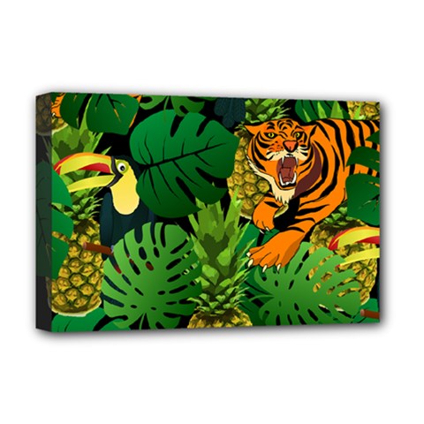Tropical Pelican Tiger Jungle Black Deluxe Canvas 18  X 12  (stretched) by snowwhitegirl