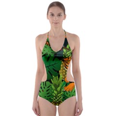 Tropical Pelican Tiger Jungle Black Cut-out One Piece Swimsuit