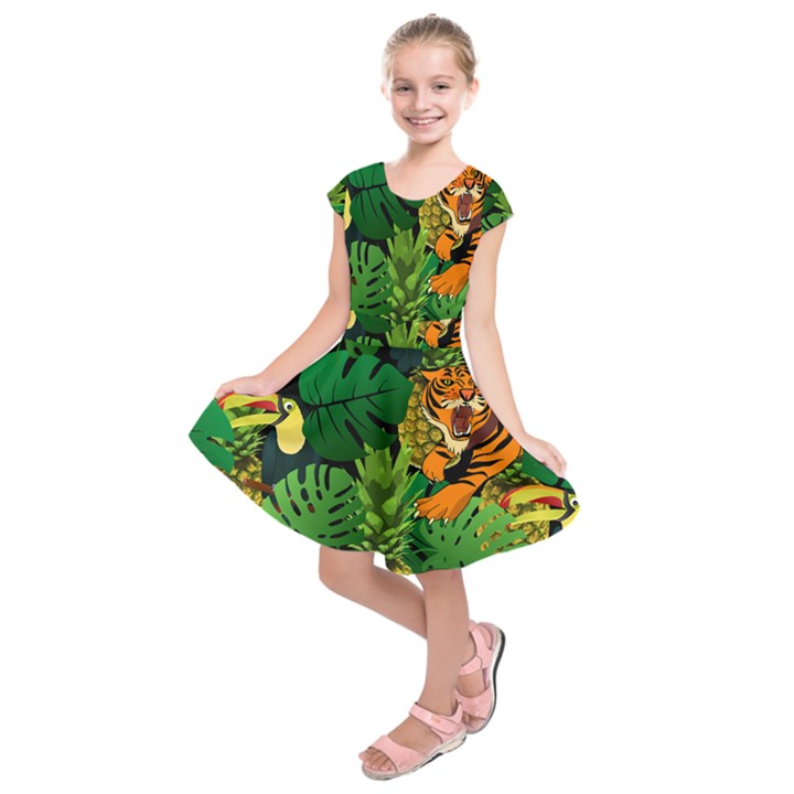 Tropical Pelican Tiger Jungle Black Kids  Short Sleeve Dress