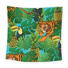Tropical Pelican Tiger Jungle Blue Square Tapestry (large)